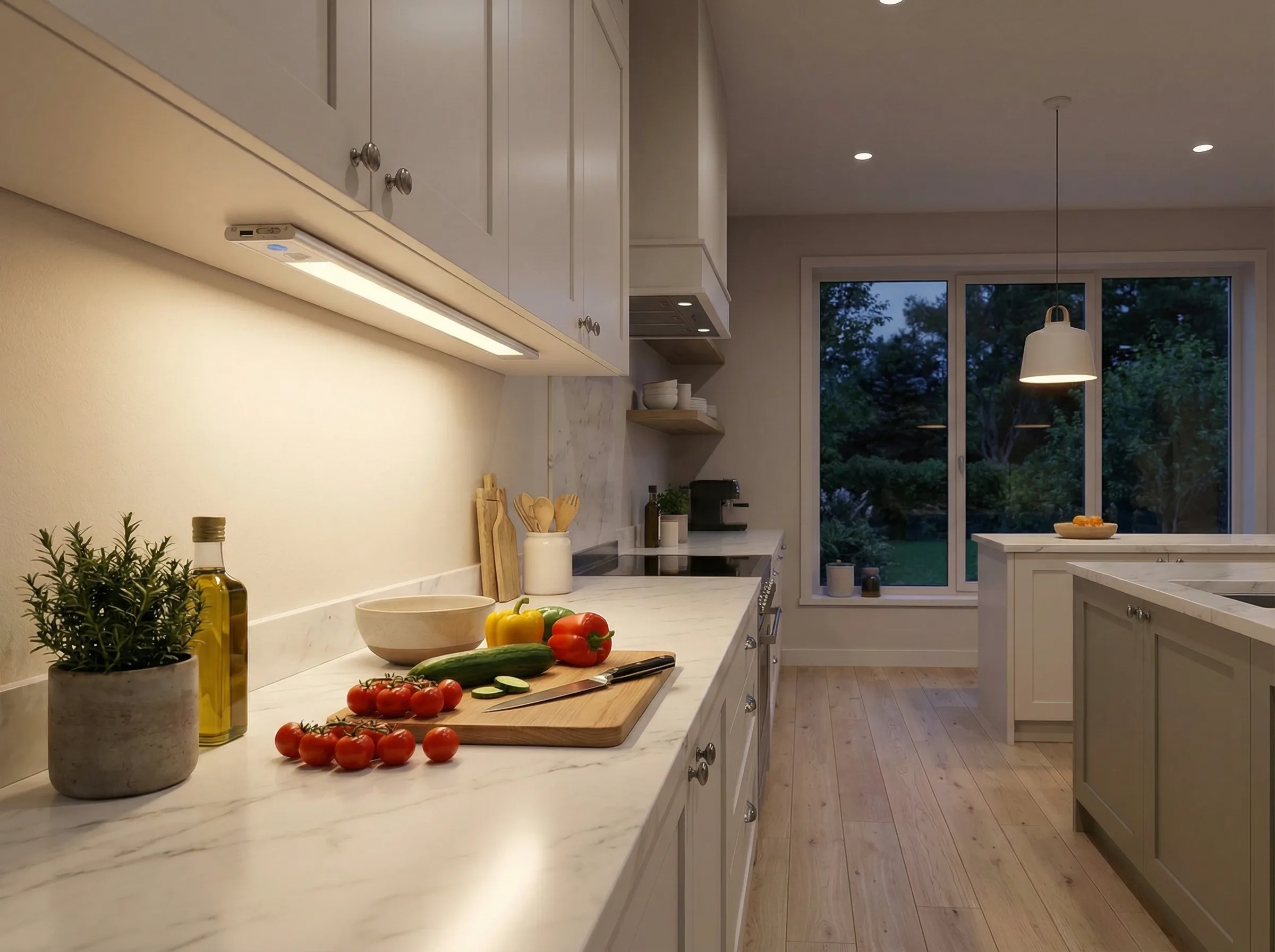 Bucătărie modernă cu lampă LED montată sub dulap